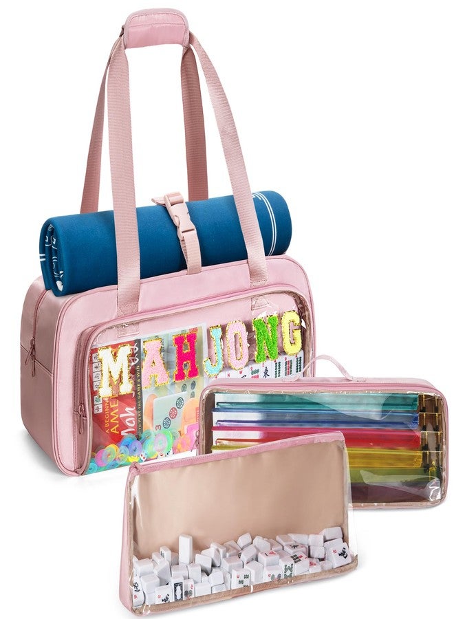 Yarwo 3 PCS Mahjong Bag Empty, Clear American Mahjong Tile Set Bag with Game Mat Buckle and Sewn Chenille Letter, Zippered Game Storage for Mahjong Tiles, Racks & Pushers, Pink (Case Only) - Image 1